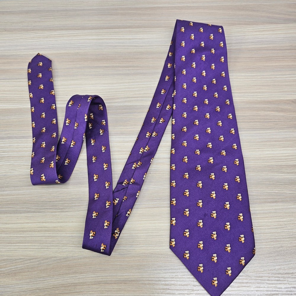 Mens Neck Tie  Silk Teddy Bear Purple Ribbed Whimsy 90s Fun‎ Kid Wide ENRO